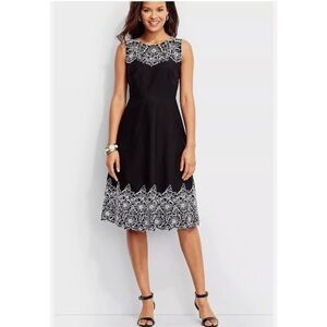 Talbots Black and White Sleeveless, Floral, Embroidered A-Line Midi Dress - S14